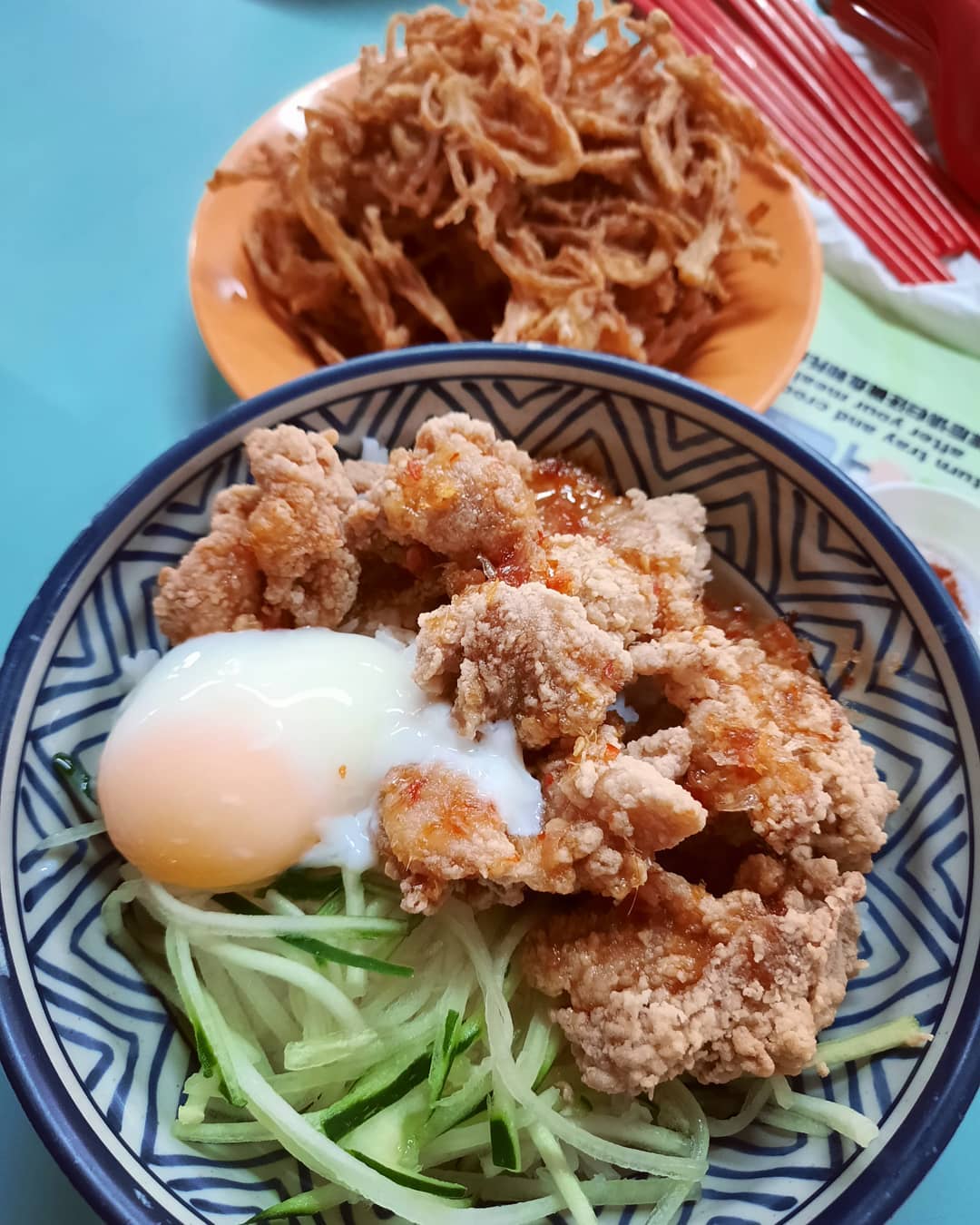 Har cheong gai rice bowl + battered enoki at a hawker stall ($6 + $3)!