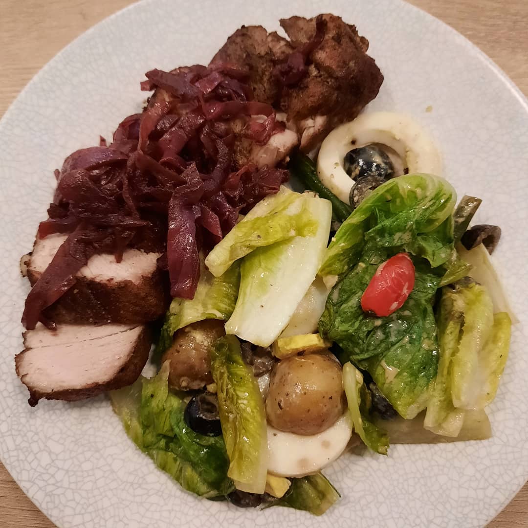 Pork tenderloin with braised cabbage + nicoise salad ($12++)!