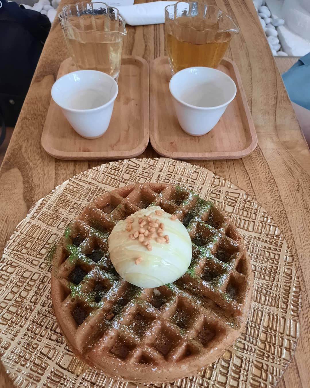 Sencha + Oolong + Genmaicha gelato on dairy-free waffles ($5.80 + $6.80 + $12.80)!