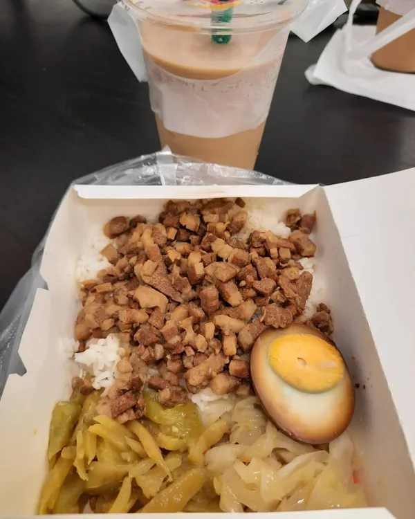 Braised pork rice + milk tea at a Taiwanese spot ($6.90 + $3)!