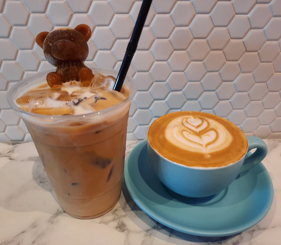 Iced lavender latte + Hot latte at a kawaii café ($5.50++ + $4.50++)!