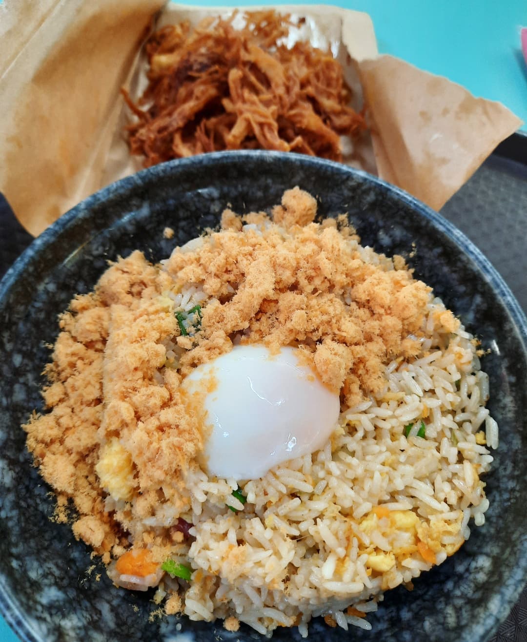 Salted egg fried rice + Battered enoki at a modern hawker ($6 + $3)!