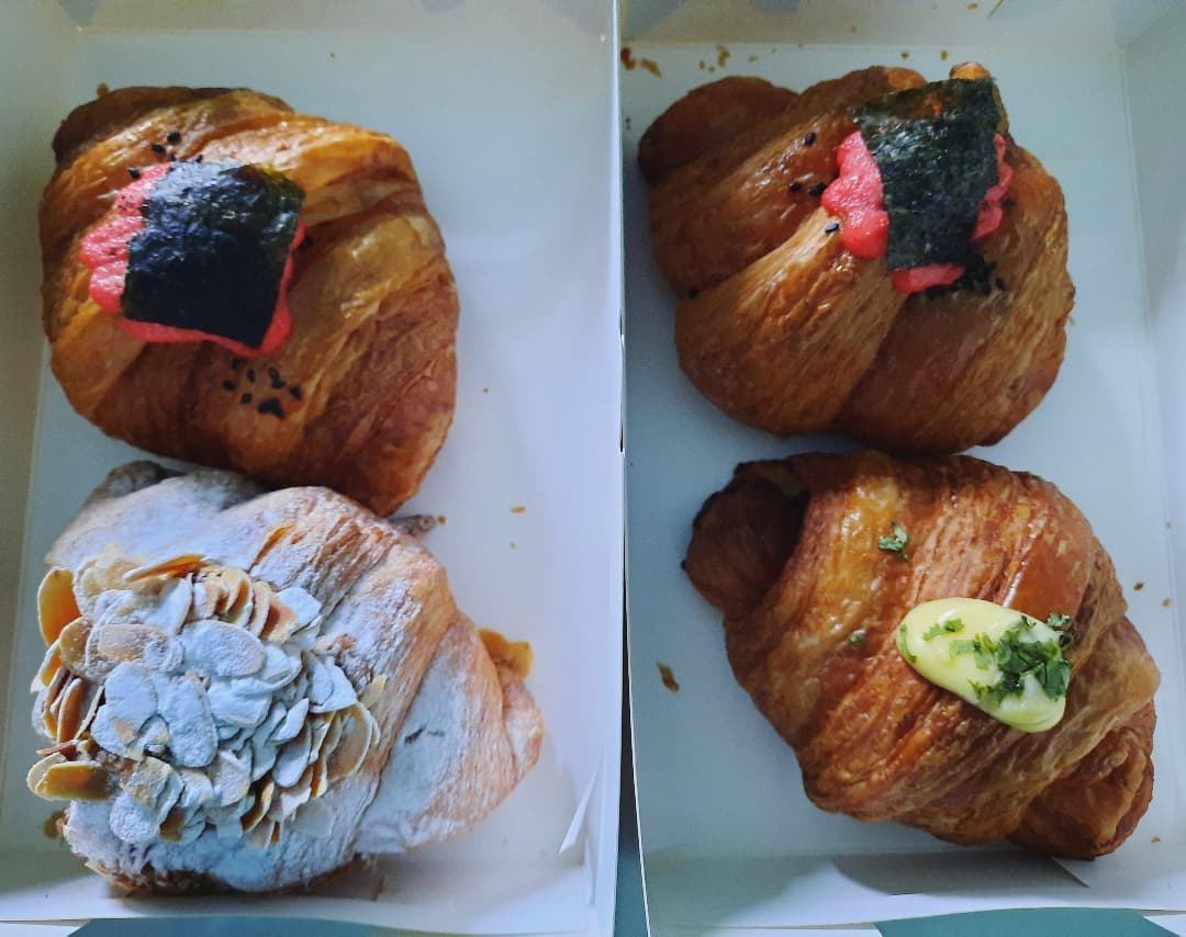 Salmon Mentaiko + Almond Frangipane + Chicken Ham & Cheese Croissants ($5.50 + $6 + $5)!