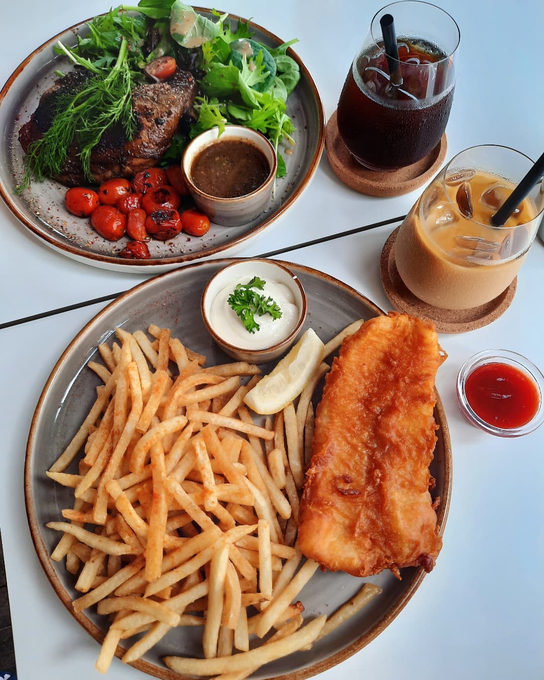 Saturday brunch — fish and chips + chicken leg + cold brews ($55.44 after 10% off)!