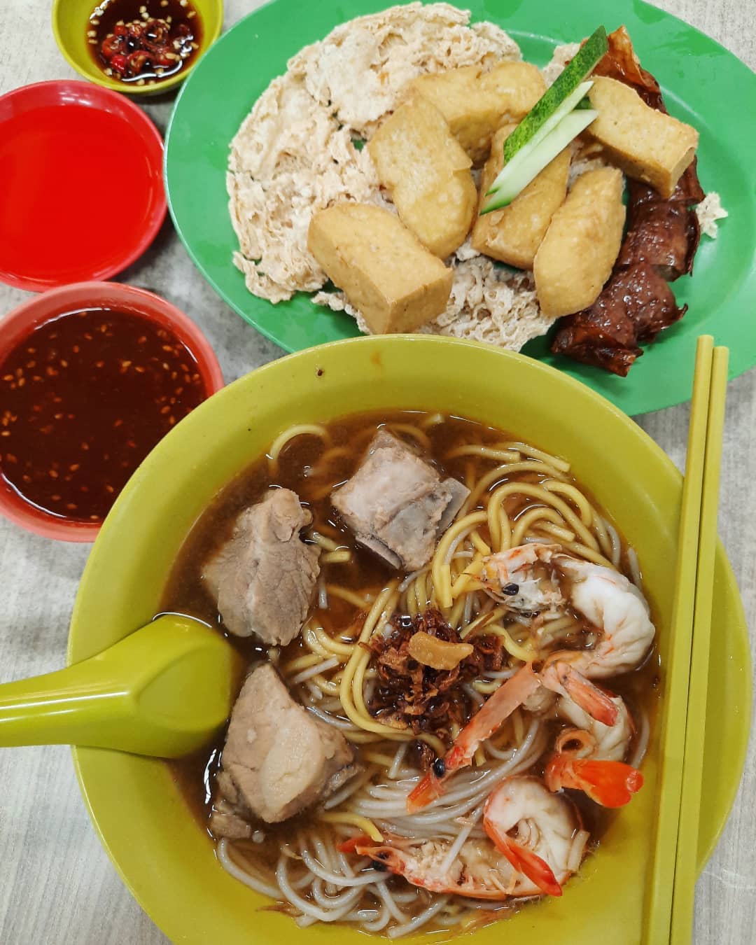 Prawn + pork ribs noodles + ngoh hiang ($6 + $4.40)!