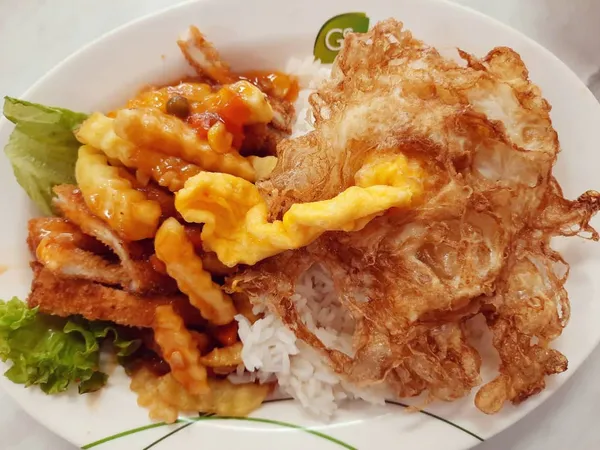 Hainanese pork chop rice + fried egg ($7.50)!