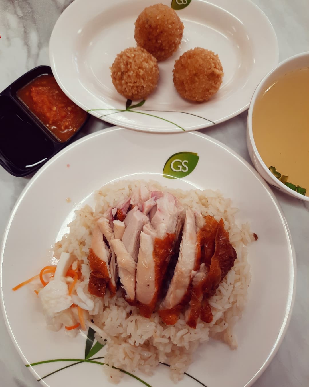 Roast chicken rice + crunchy rice ball ($4.80 + $2.50)!