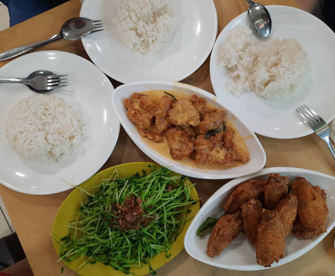 Sunday tze char lunch — salted egg + pea sprouts + har cheong gai ($36.80)!