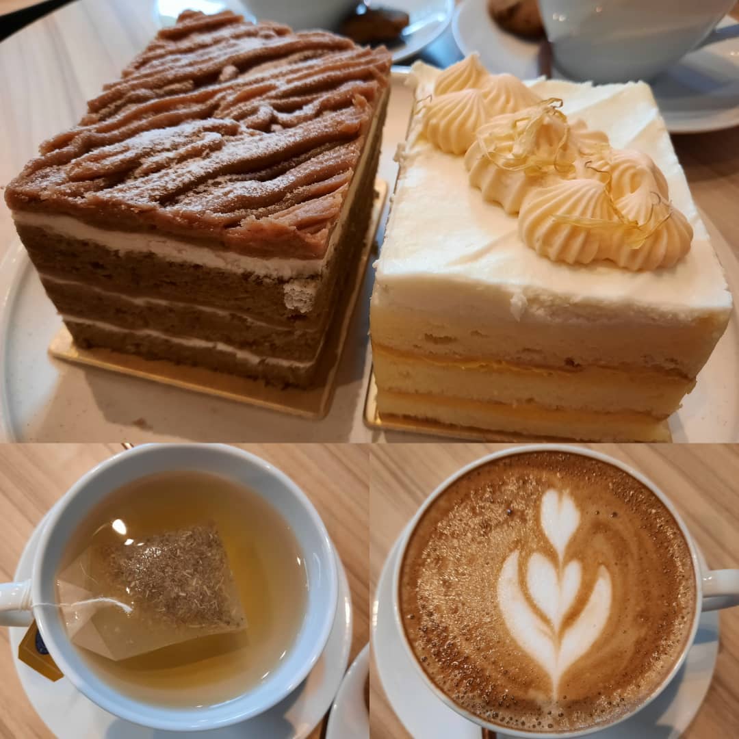 Hojicha chestnut + mango yuzu cake + camomile tea + flat white ($25)!