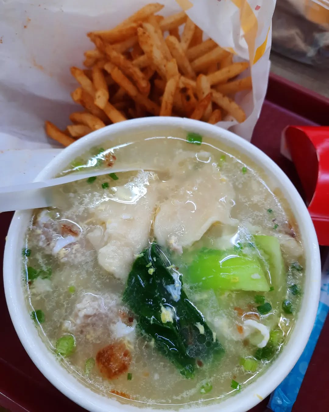 Mee hoon kueh + egg + McD peri peri shaker fries ($5.30)!