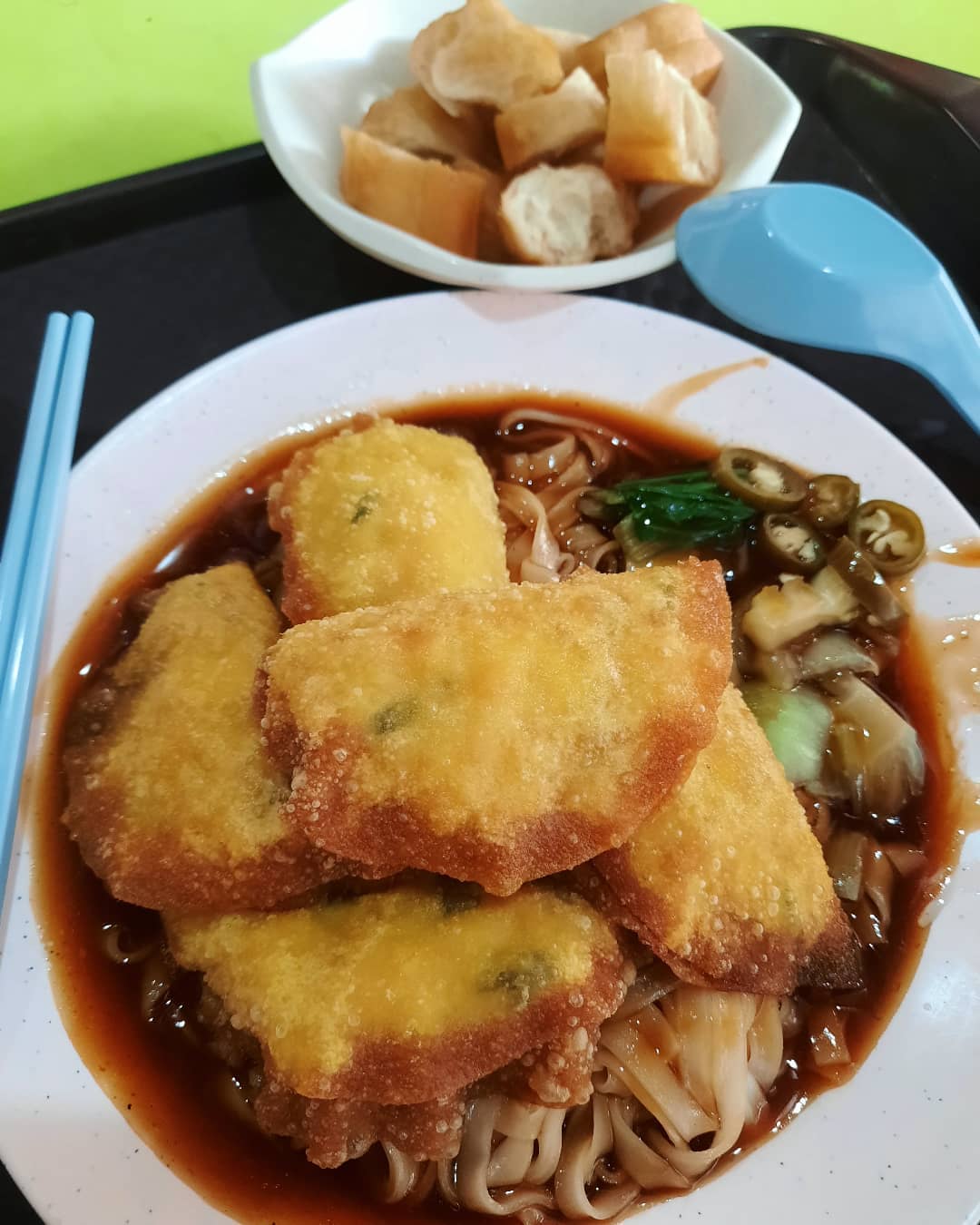 Fried fish dumpling hor fun + you tiao ($5)!