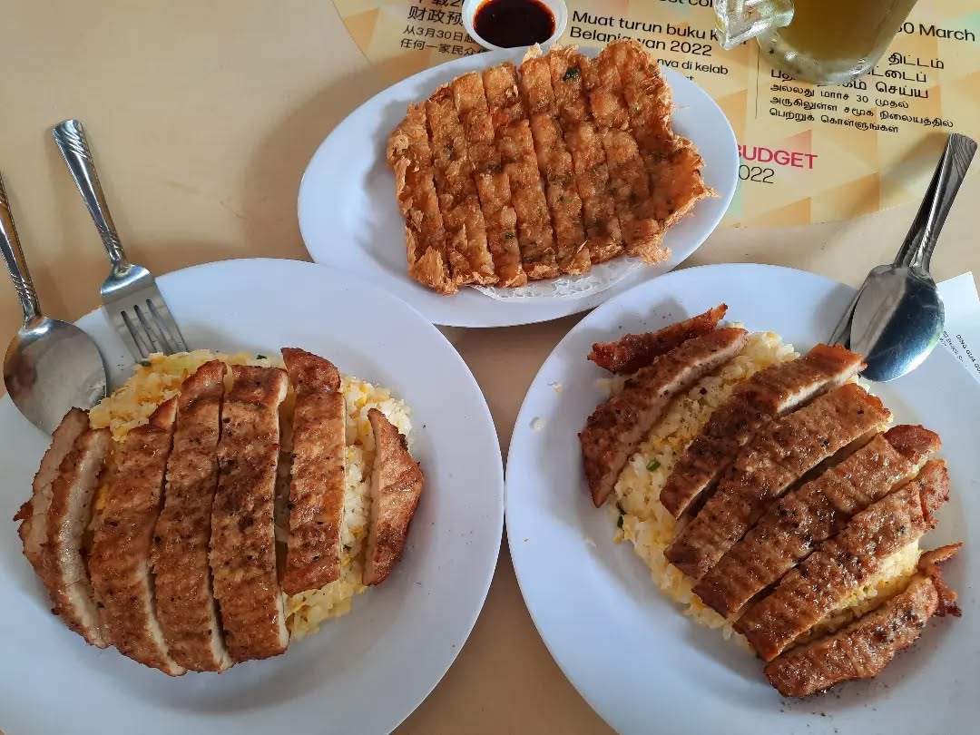 Pork cutlet egg fried rice + prawn pancake ($21)!