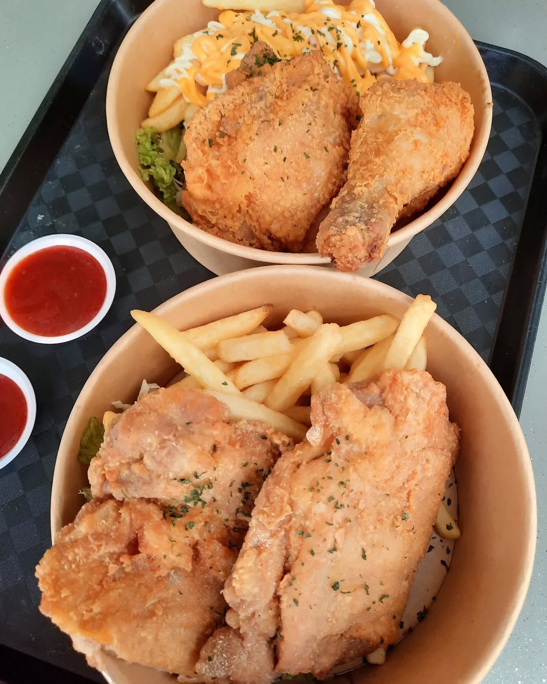 Chicken cutlet set + 2 pcs chicken + cheese fries ($16)!