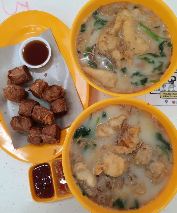 Fried fish soup + prawn roll ($22)!