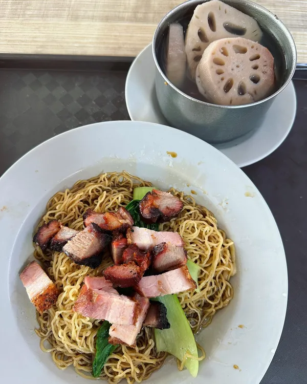 Char siew + roast pork noodles + pork ribs lotus soup ($7)!