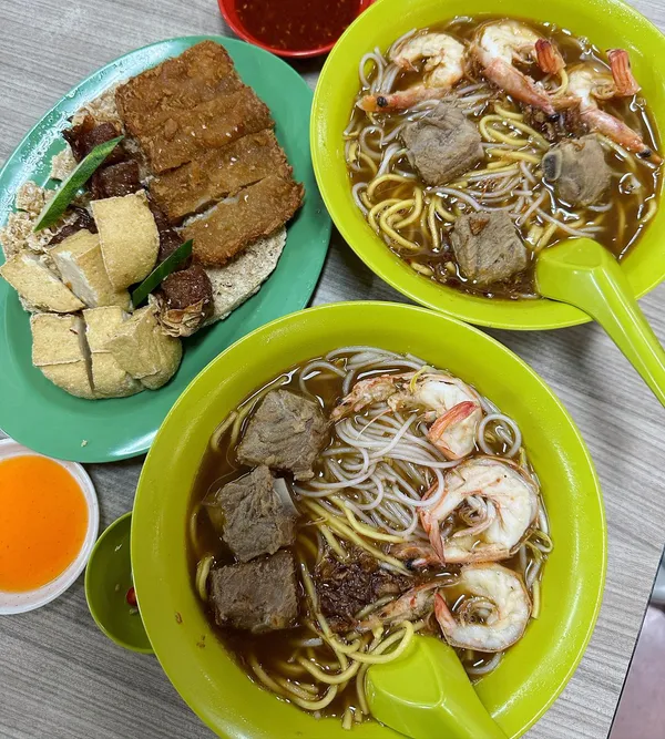 Pork ribs prawn noodles x 2 + ngoh hiang ($19.10)!