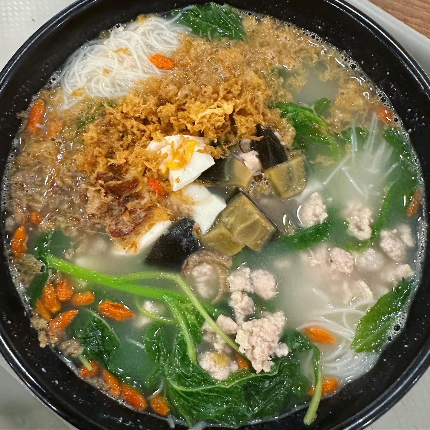 Signature trio egg spinach bee hoon soup ($6.60)!