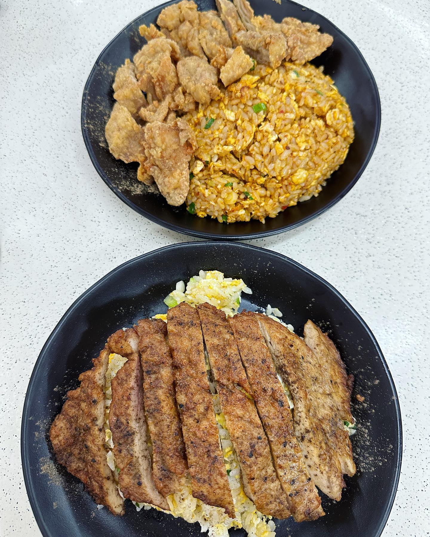 Chicken cutlet sambal fried rice + pork cutlet egg fried rice ($14)!
