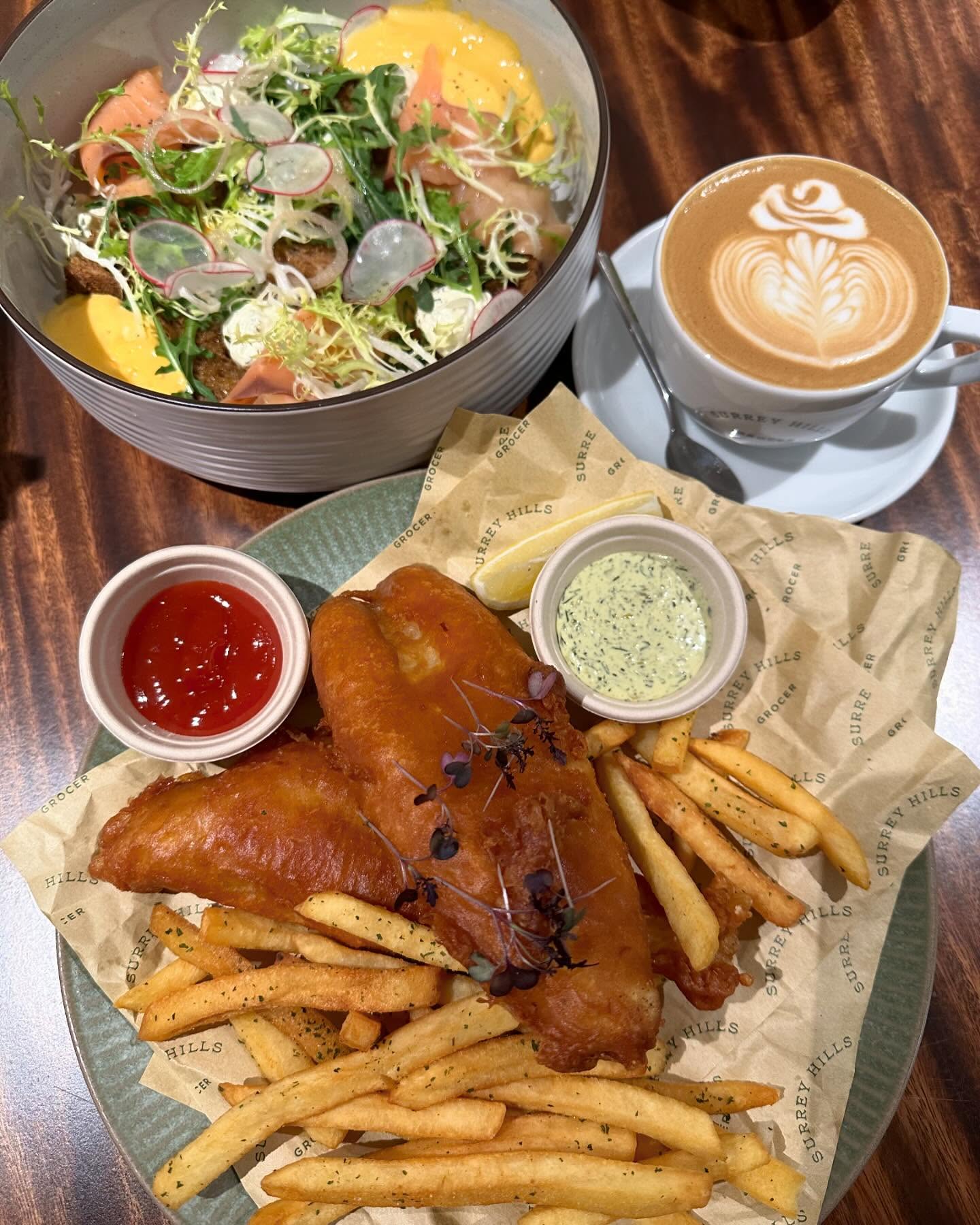 Smoked salmon benny + Tooheys lager fish & chips + flat white ($68++)!