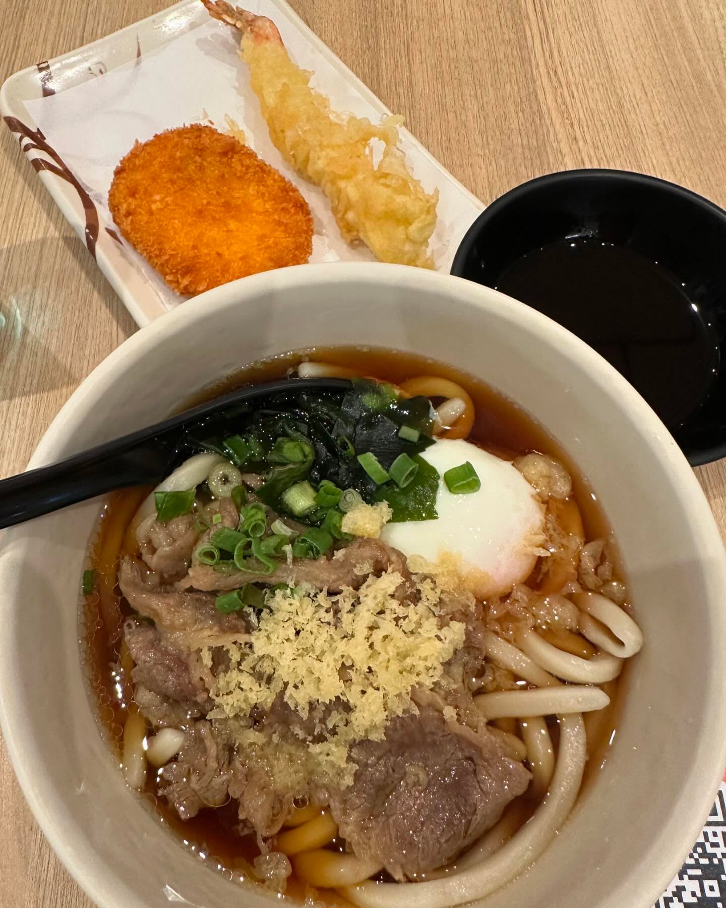 Tamoya — sanuki beef egg udon + tempura prawn + potato croquette ($16.80++)!