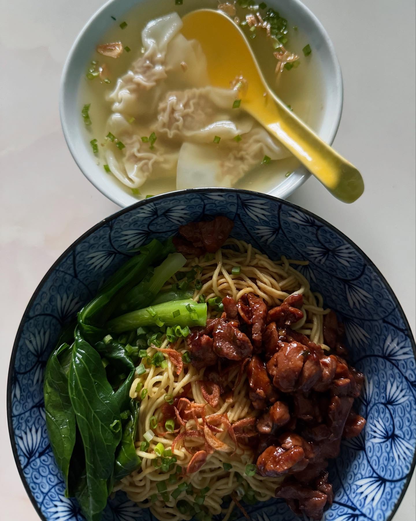 Home-cooked weekend lunch — dry noodles + wanton soup!
