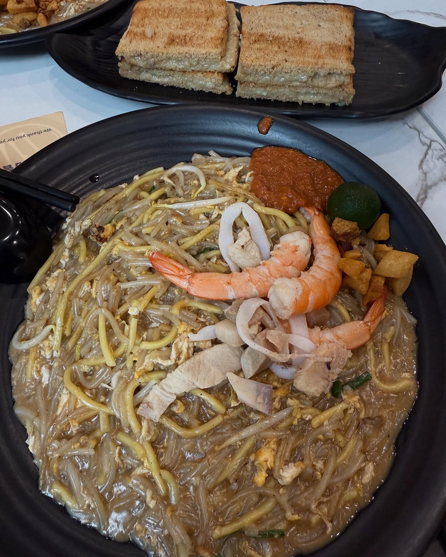 Hokkien mee + kaya toast ($8.80 + $2.60)!