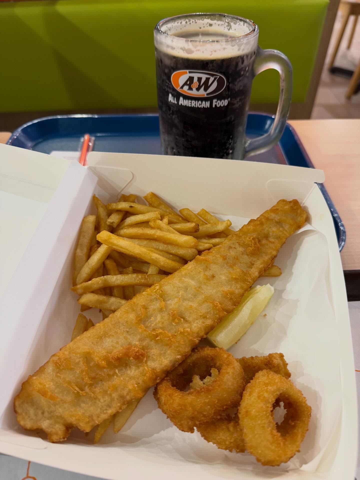 A&W Fish O Fry — fish + onion rings + fries + Root Beer ($13.80)!