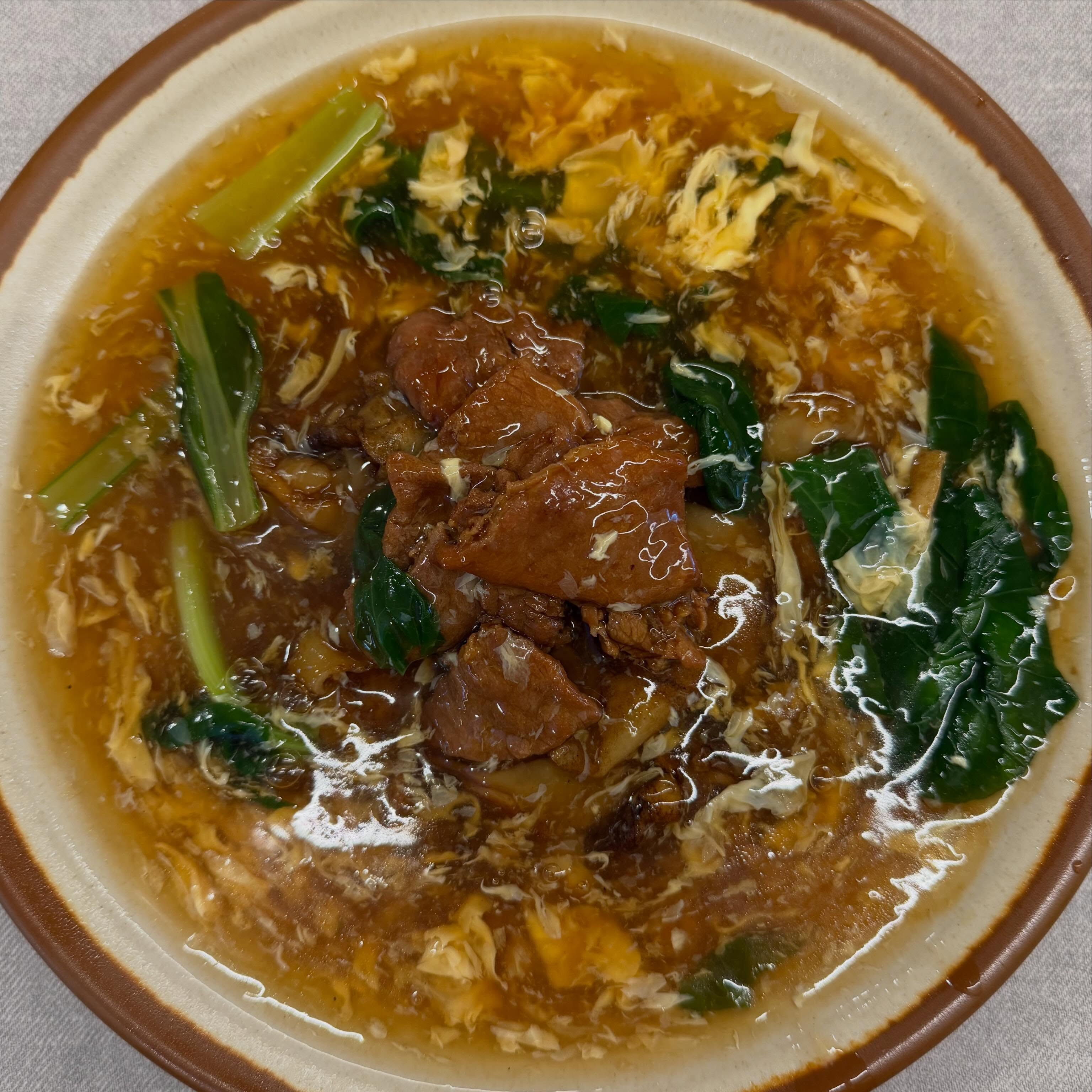 Beef hor fun — wet style with egg ribbons + kai lan ($8.30)!