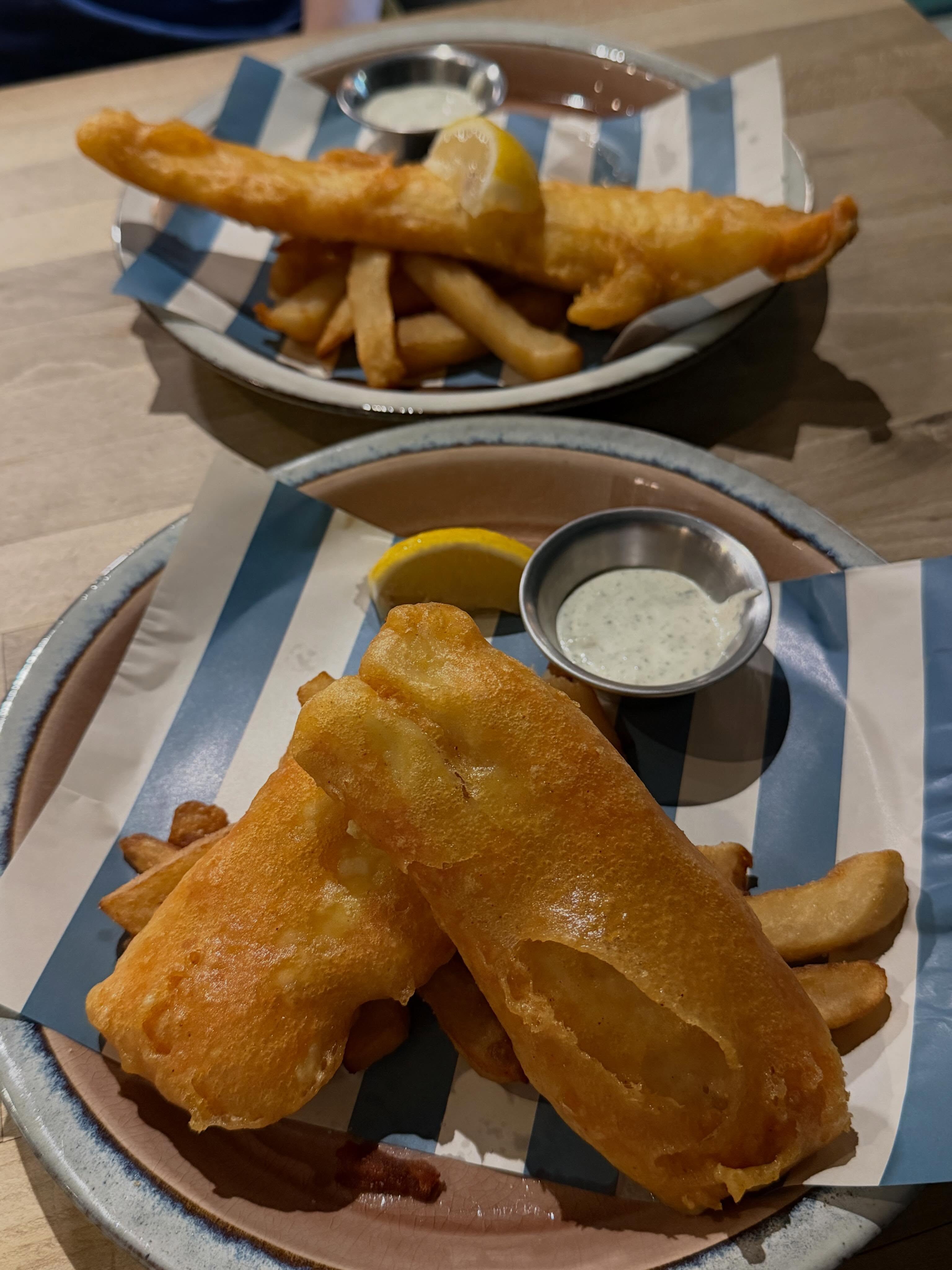Fish & chips — halibut + haddock beer-battered ($18.90++ + $22.90++)!