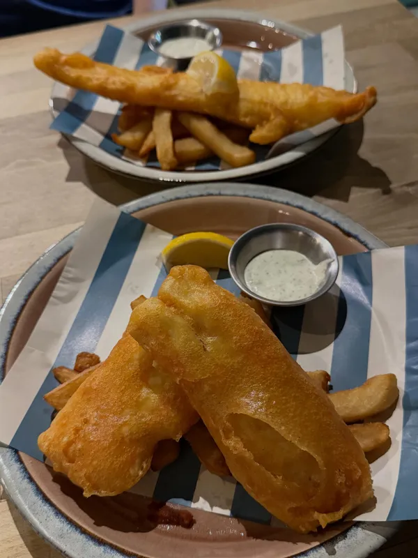 Fish & chips — halibut + haddock beer-battered ($18.90++ + $22.90++)!