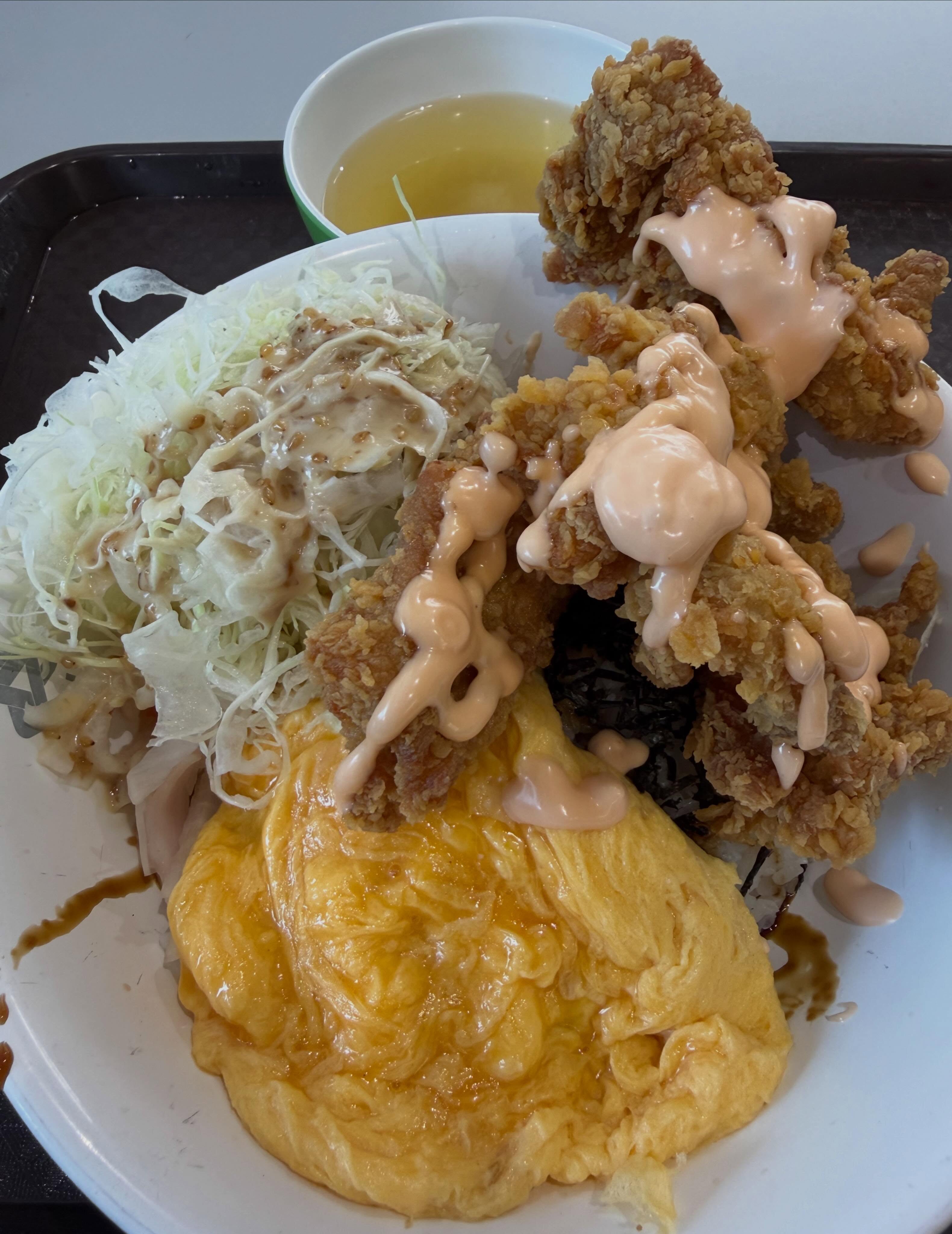 Karaage chicken rice bowl with omelette + mentai mayo ($6.30)!