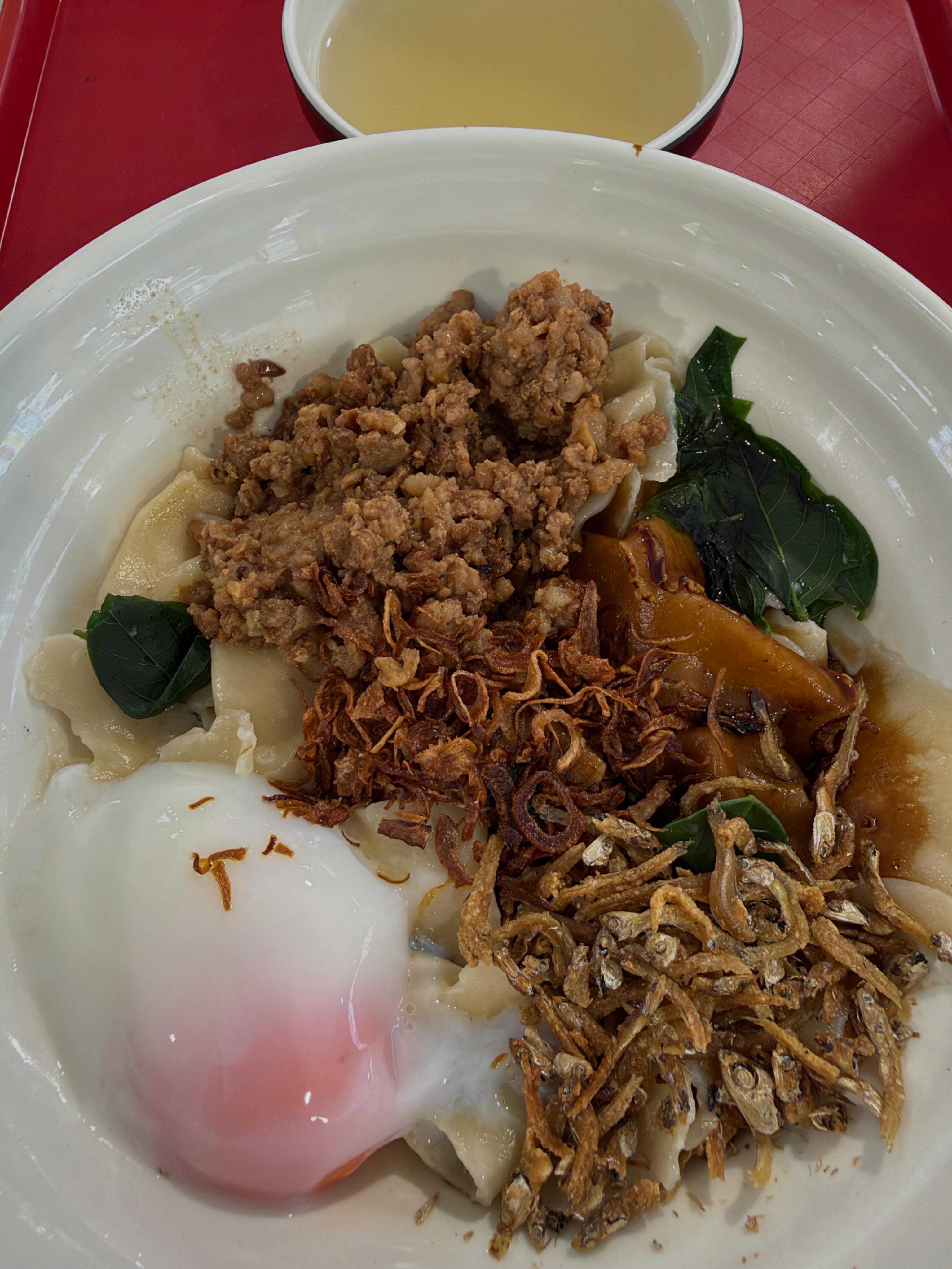Dry minced meat mee hoon kueh + extra kueh + egg ($6) @ Belly First Banmian Hot Hot!